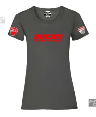 rode opdruk"Ducati sporttouring"op een donkergrijs shirt, damesmodel met taille.