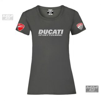 donkergrijs damesshirt met zilvergrijze opdruk "Ducati sporttouring