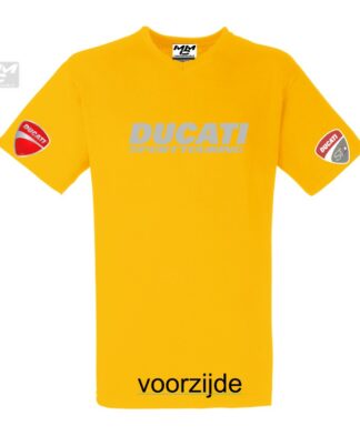 in zilvergrijs "Ducati sporttouring" op een geel shirt met V-hals