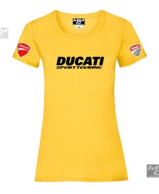 zwarte tekst "Ducati sporttouring op een geel lady-fit tshirt