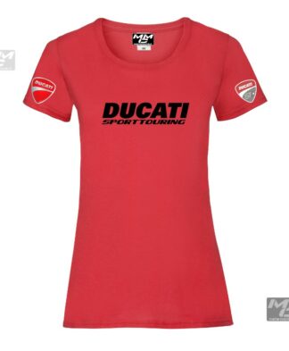zwarte "Ducati Sporttouring"opdruk op een rood shirt. Lady-fit