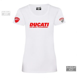 rode tekst "Ducati sporttouring"op een wit shirt, dames model.