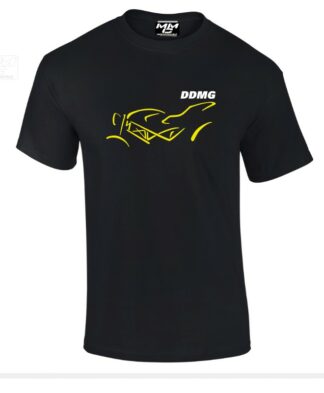 zwart shirt met gele afbeelding van de Ducati monster